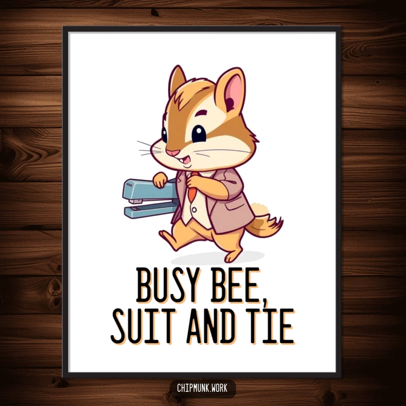 Funny Free Printable Wall Art: A tiny chipmunk in a smart suit zips past a stapler, adding office humor.