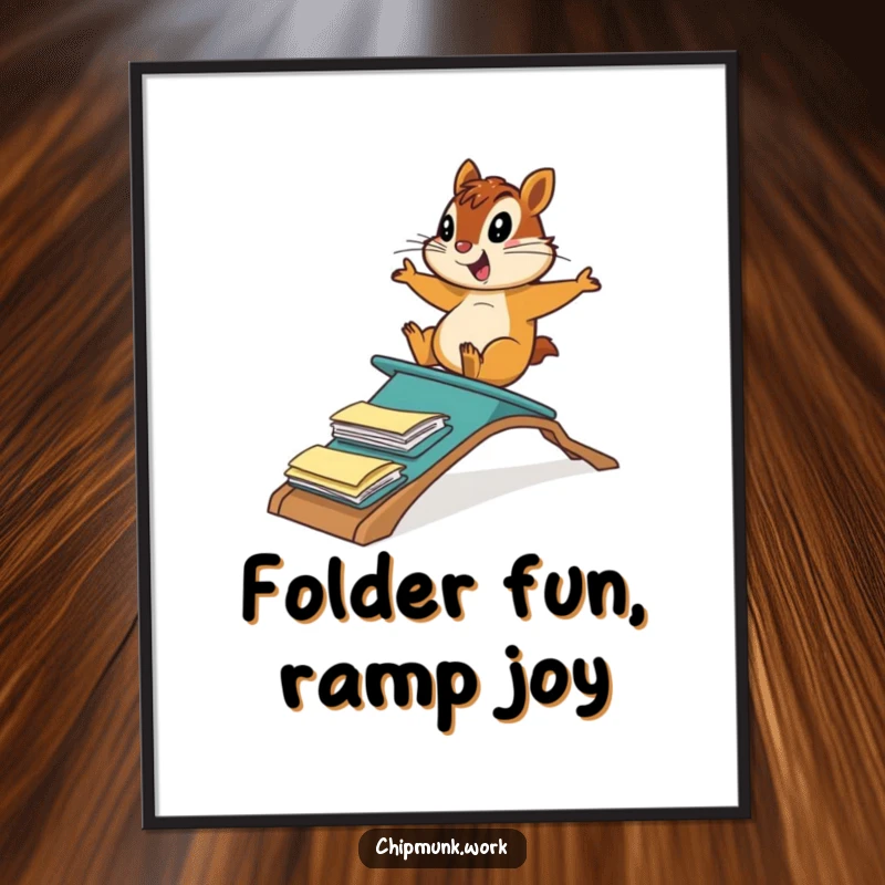 Funny Free Printable Wall Art: Chipmunk gleefully sliding down a ramp made of colorful file folders. Playful art.
