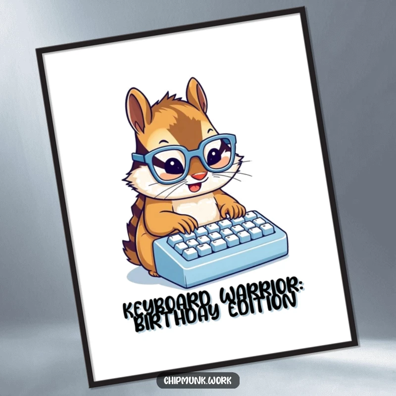 Funny Free Printable Wall Art: A chipmunk in tiny glasses types with great enthusiasm on a miniature keyboard.