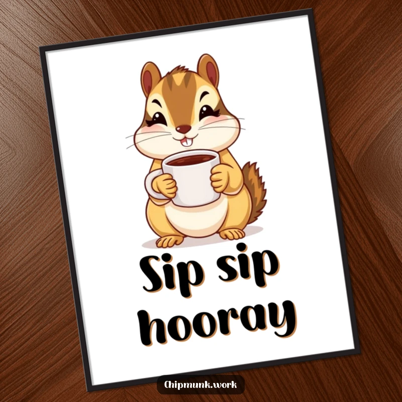 Funny Free Printable Wall Art: A chipmunk joyfully offers a tiny coffee mug with both paws held up in a welcoming gesture.