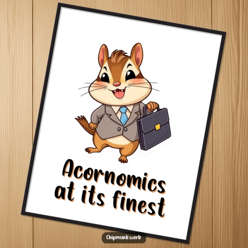 Humorous Free Printable Wall Art: A small chipmunk in a sharp business suit excitedly holding a briefcase, ready for a big day.