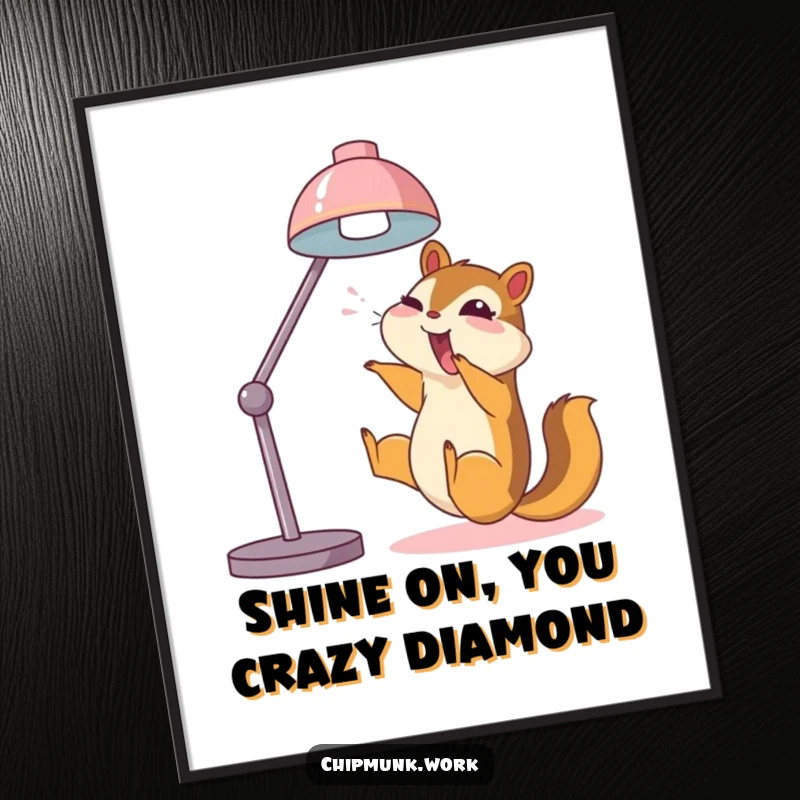 Funny Free Printable Wall Art: Chipmunk gleefully slides down a desk lamp, creating a chaotic, joyful scene.