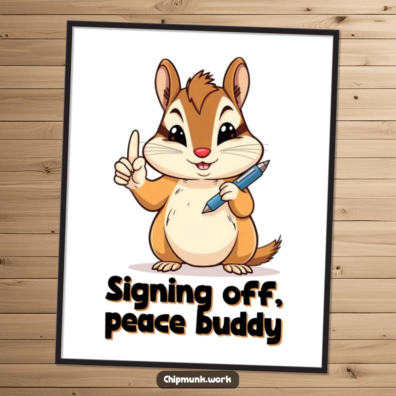 Funny Free Printable Wall Art: A chipmunk confidently offers a peace sign while jauntily holding a writing pen.