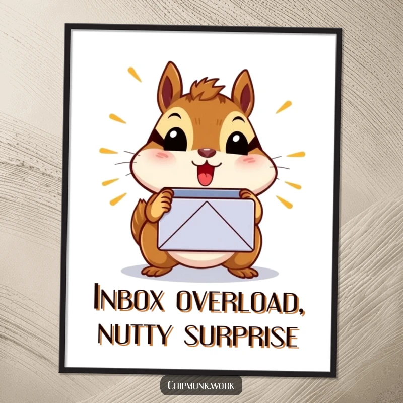 Funny Free Printable Wall Art: A chipmunk looks utterly surprised and overwhelmed by a bursting, chaotic inbox icon.