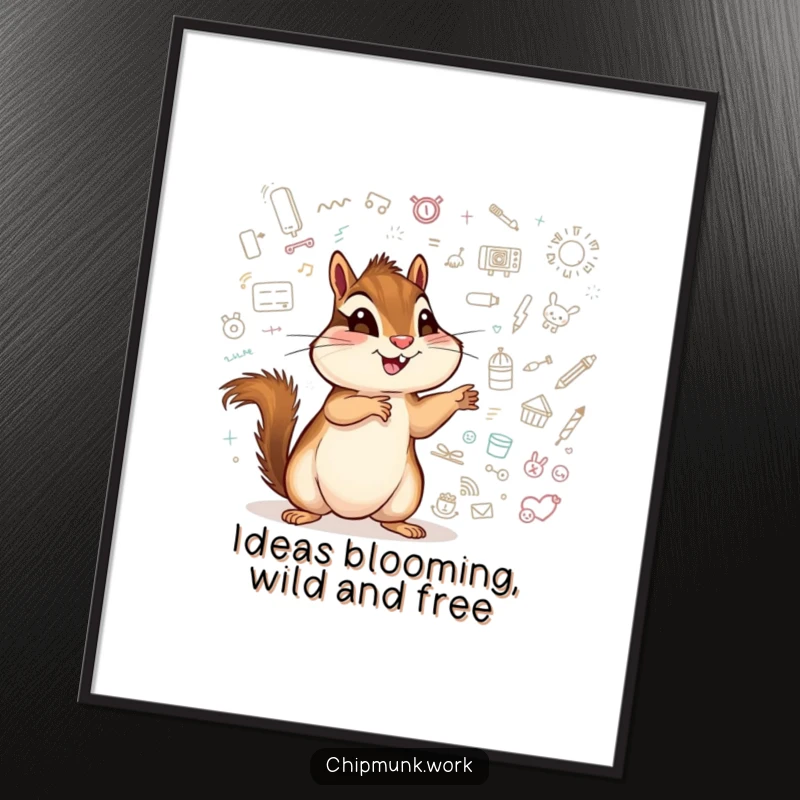 Funny Free Printable Wall Art: A chipmunk excitedly points to a whiteboard covered in whimsical doodles, creating a scene of creative inspiration.
