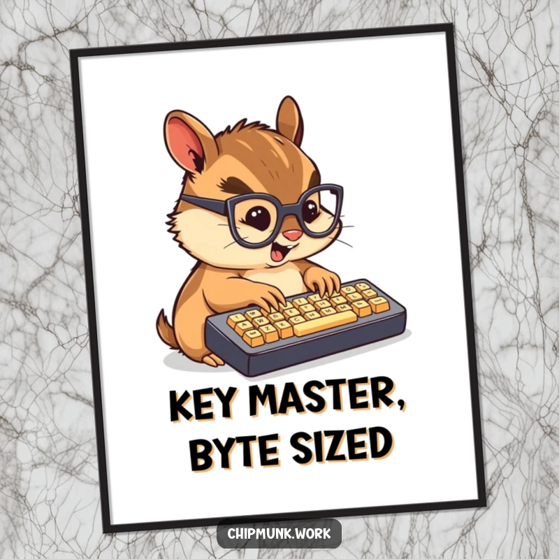 Funny free printable wall art of a chibi chipmunk in glasses intensely typing on a small keyboard.