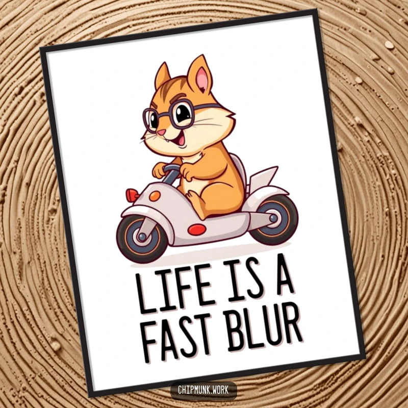 Funny Free Printable Wall Art: A chipmunk speeds in a swivel chair, comically transforming it into a full-blown race car.