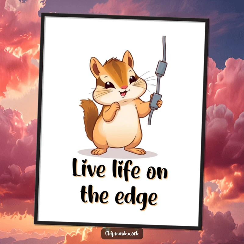 Funny Free Printable Wall Art: Chipmunk gleefully batting at a dangling electrical cord. Energetic and humorous.