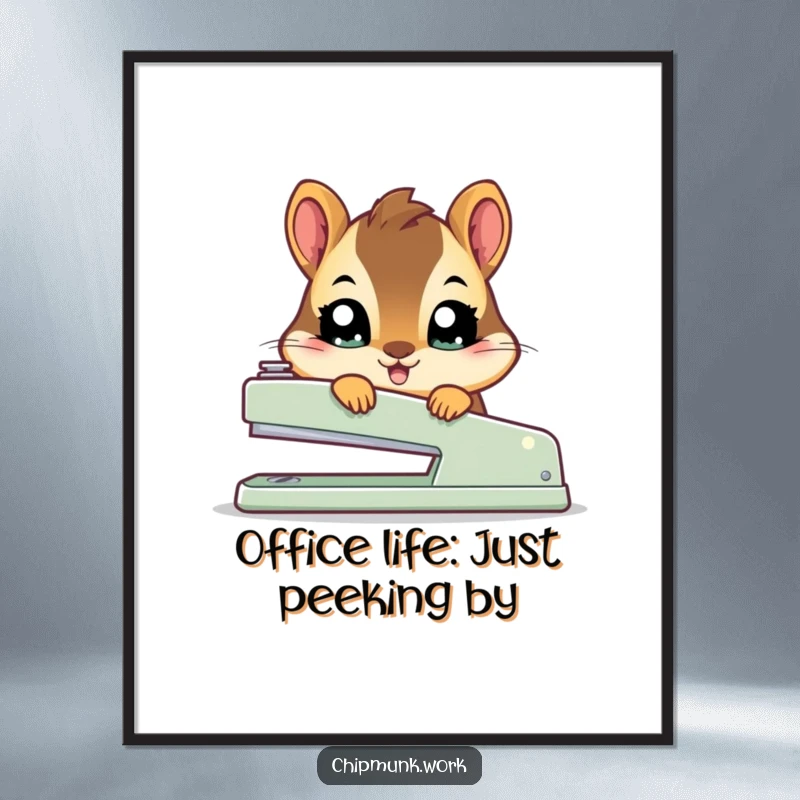 Funny Free Printable Wall Art: A kawaii chipmunk with wide, innocent eyes peeks from behind a comically oversized stapler, creating charm