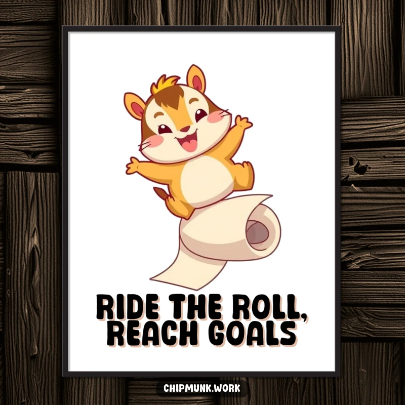 Funny Free Printable Wall Art depicting a chipmunk in mid-air, energetically sliding down a paper roll.