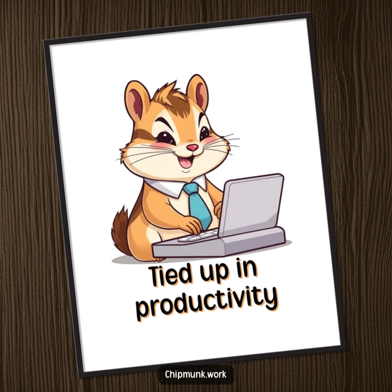 Funny Free Printable Wall Art: A chipmunk in a tie types rapidly with a smile, symbolizing hard work and dedication. Downloadable art.
