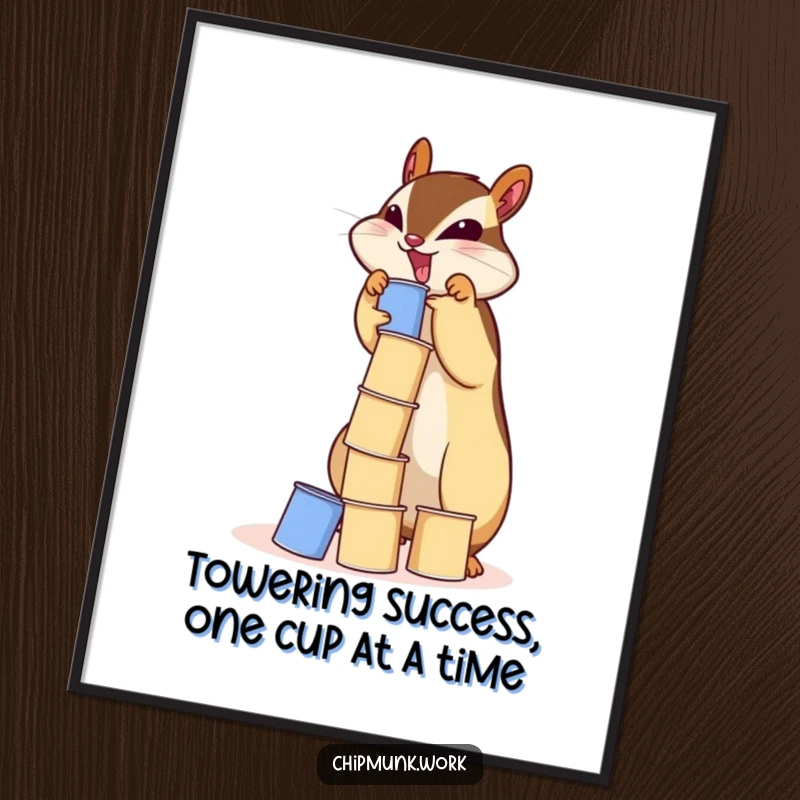 Funny Free Printable Wall Art: A determined chipmunk stacks tiny paper cups into a hilariously unstable tower, bringing joy