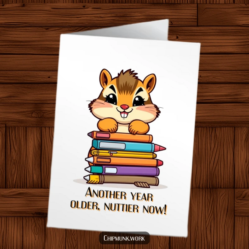 Funny Free Printable Birthday Card featuring a determined chipmunk stacking colorful, wonky office supplies, perfect for desk humor.