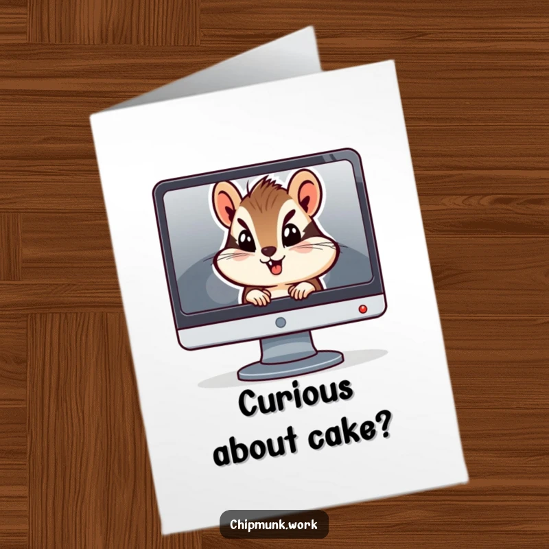 Funny Free Printable Birthday Card: A curious chipmunk peeks from behind a computer, sharing birthday wishes with a playful glance.
