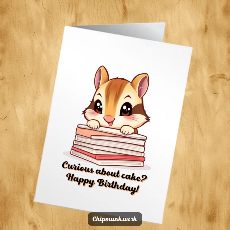 Funny Free Printable Birthday Card: A chipmunk with wide, curious eyes peeks over a tall stack of papers, adding intrigue to a birthday greeting.