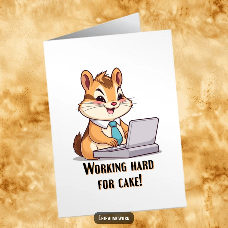 Funny Free Printable Birthday Card: A chipmunk in a tiny tie types furiously with a smile, working hard for a birthday. Downloadable art.