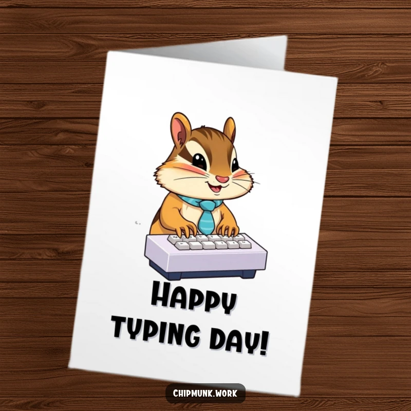 Funny Free Printable Birthday Card: A chipmunk in a tiny tie typing furiously on a miniature keyboard, celebrating enthusiastically.