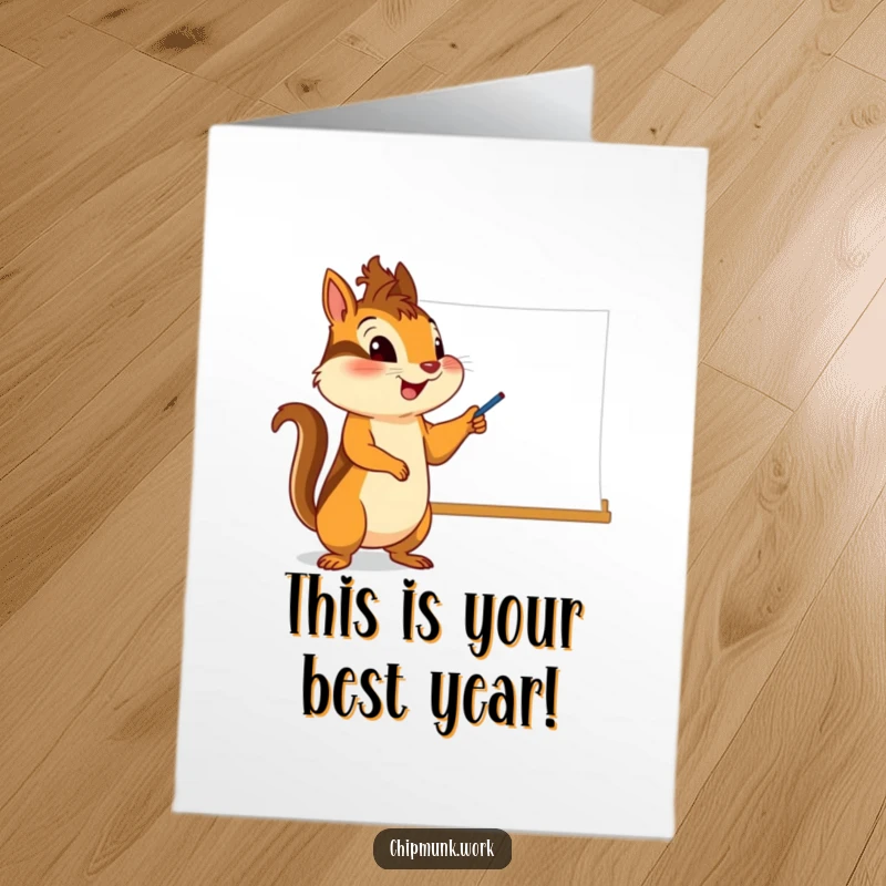 Funny Free Printable Birthday Card: A chipmunk excitedly pointing with gusto at a whiteboard.