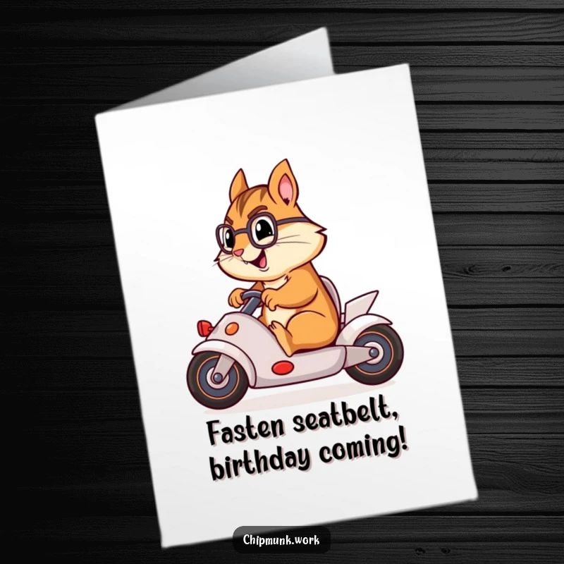 Funny Free Printable Birthday Card: A chipmunk speeds around in a swivel chair, transforming it into a comical race car.