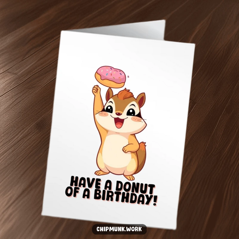 Funny Free Printable Birthday Card: A chipmunk joyfully holds a tiny donut high in victory, celebrating a sweet win