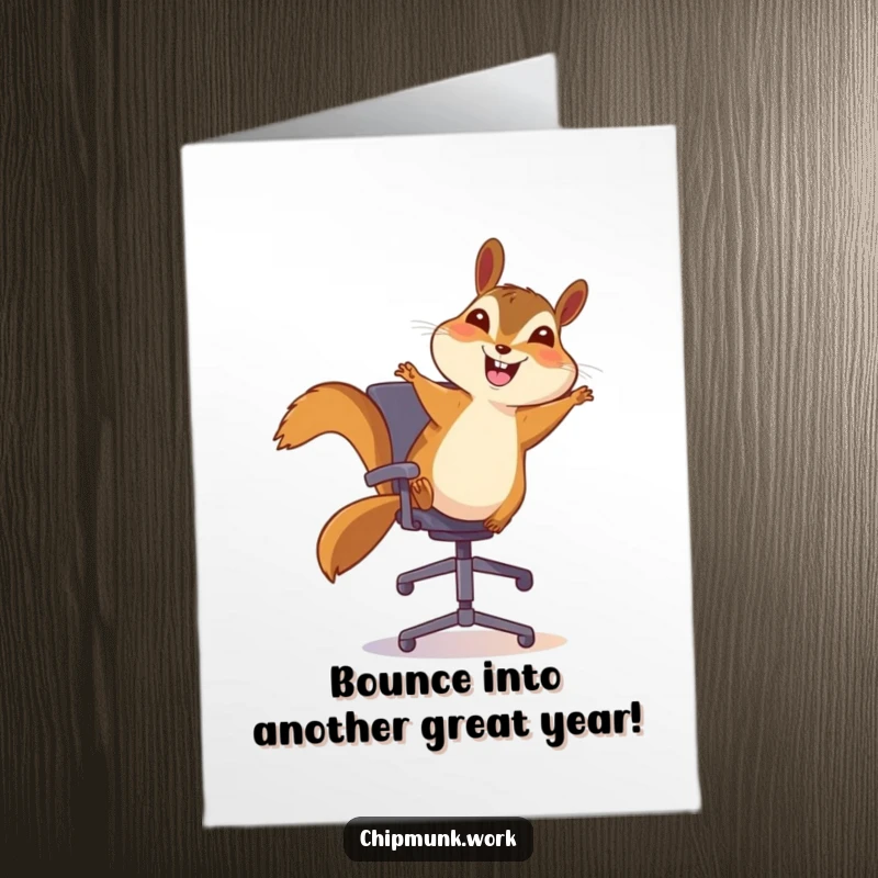Funny Free Printable Birthday Card: Chipmunk joyfully bouncing on an office chair, ecstatic and full of life.