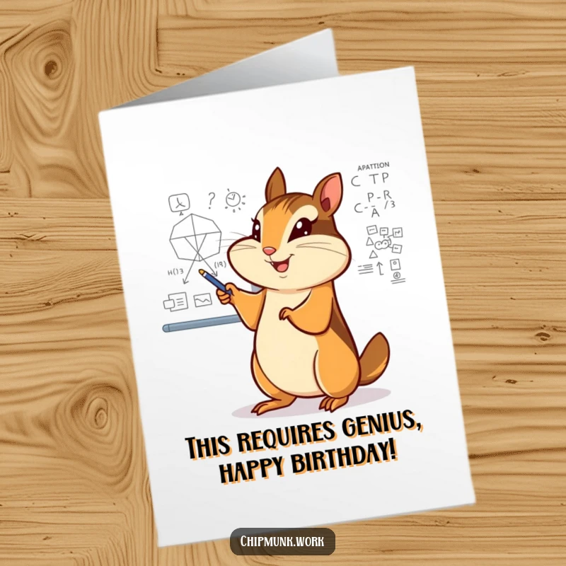 Funny Free Printable Birthday Card: Chipmunk pointing enthusiastically at a complex whiteboard diagram. Smart and humorous greeting.