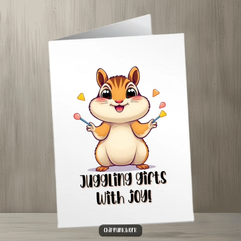 Funny Free Printable Birthday Card: An excited chipmunk juggles staplers with wide eyes, celebrating a birthday with chaotic joy. Downloadable art.