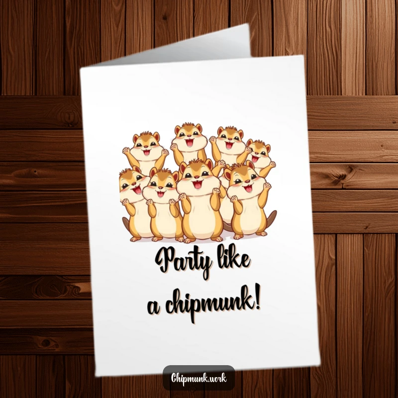 Funny Free Printable Birthday Card: A group of cute kawaii chipmunks cheer energetically with their tiny paws raised in celebration.