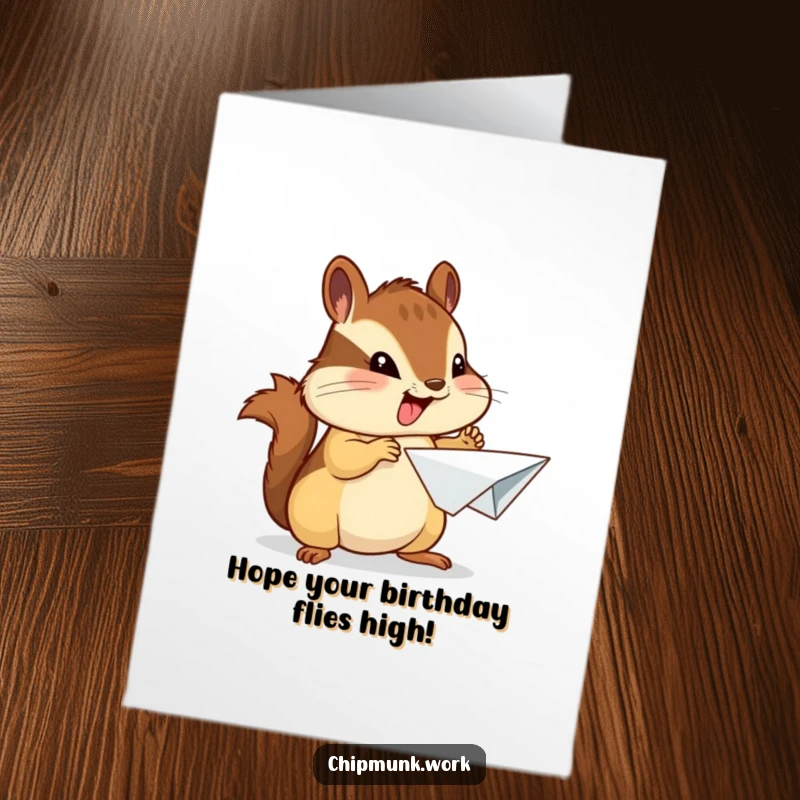 Funny Free Printable Birthday Card featuring a chipmunk proudly presenting a crumpled paper airplane, a humorous downloadable greeting.