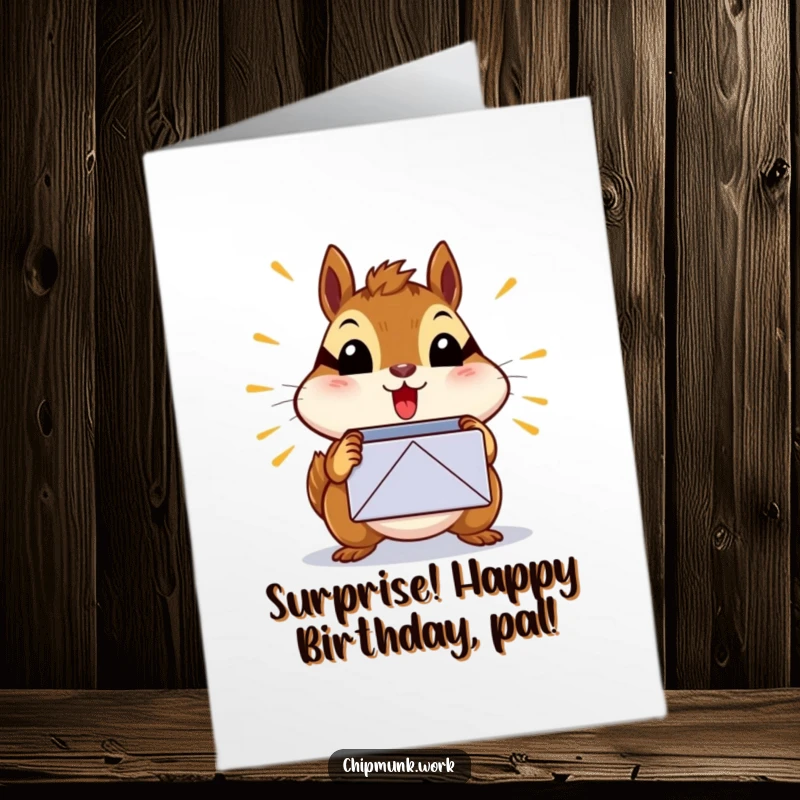 Funny Free Printable Birthday Card: A chipmunk looks shocked at a bursting inbox icon, symbolizing email chaos.
