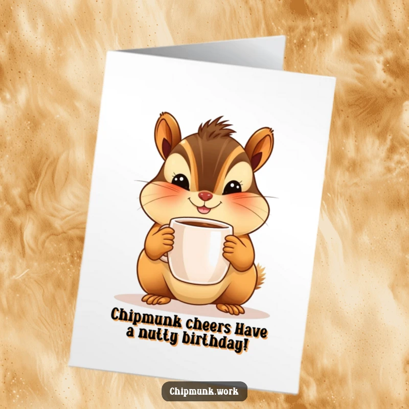 Funny free printable birthday card featuring a chipmunk with plump cheeks offering a tiny coffee mug with a big smile.