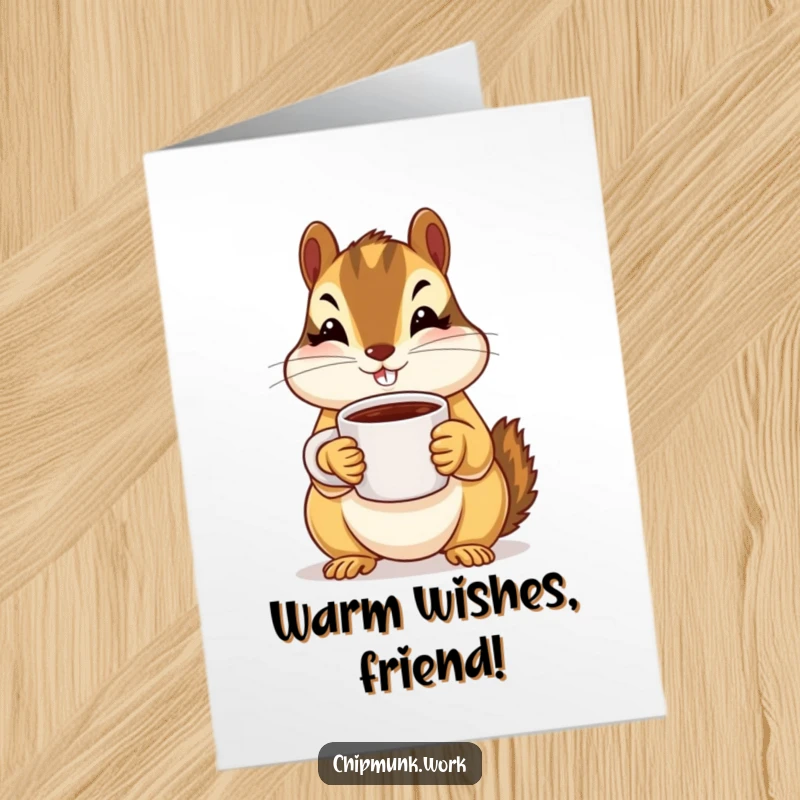 Funny Free Printable Birthday Card: Chipmunk holds up a tiny coffee mug with both paws, offering a warm morning greeting.