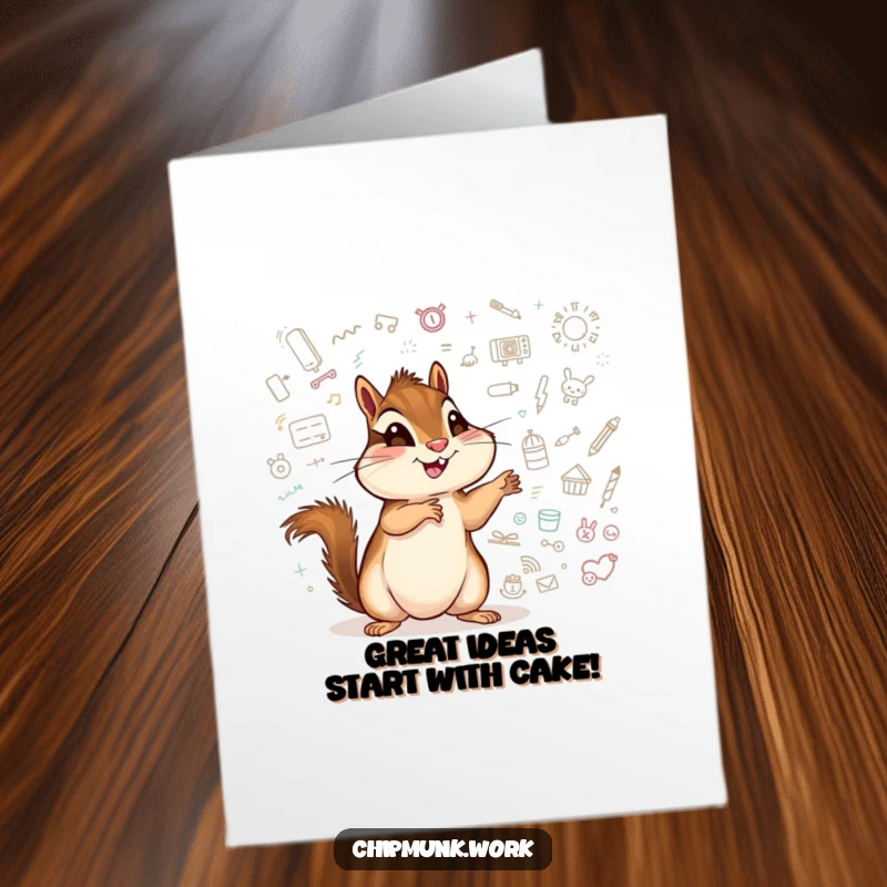 Funny Free Printable Birthday Card: An energetic chipmunk excitedly points at a whiteboard filled with colorful doodles, celebrating a special occasion.