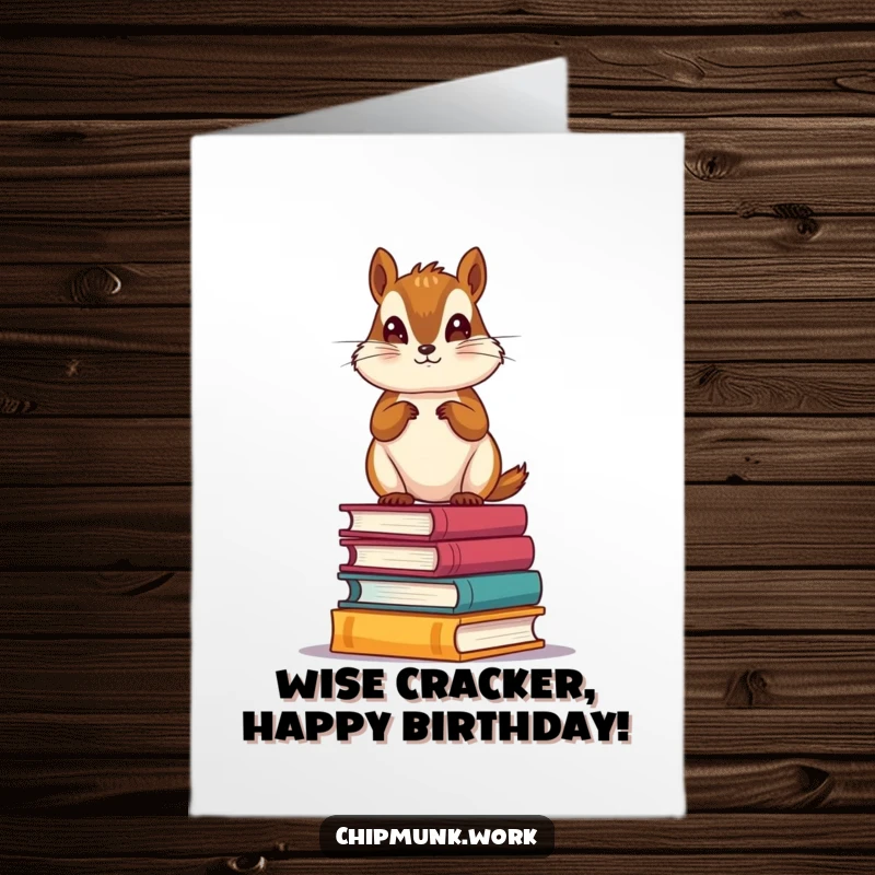 Funny Free Printable Birthday Card: A proud chipmunk stands tall on a stack of miniature books, celebrating knowledge.
