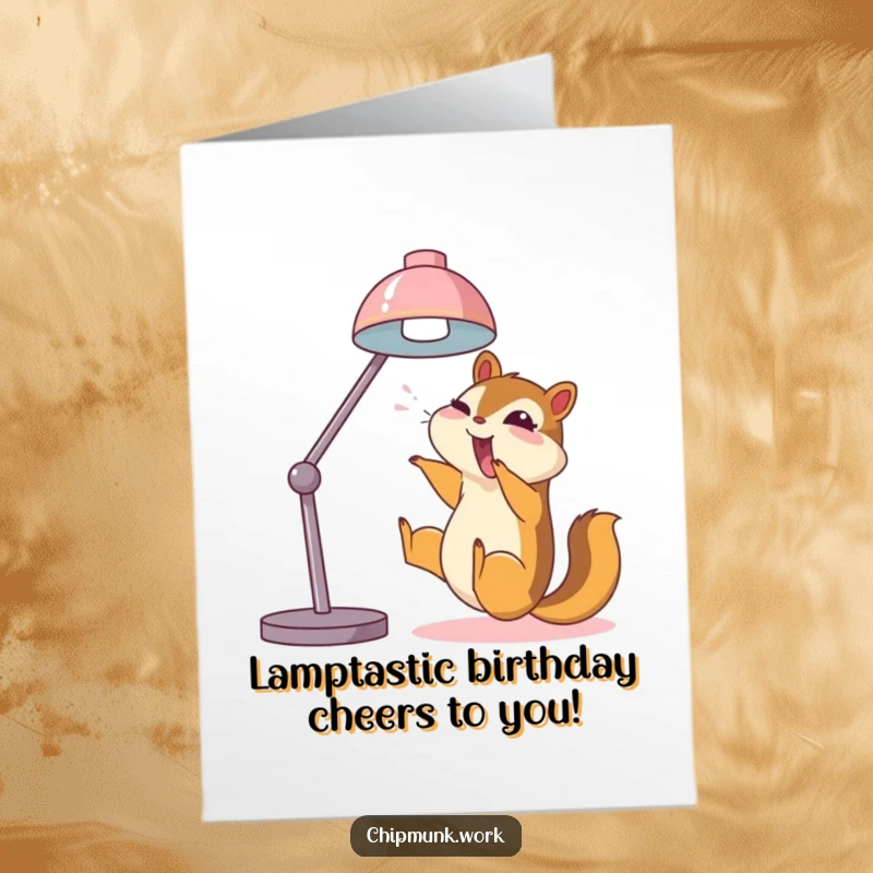 Funny Free Printable Birthday Card: Chipmunk joyfully slides down a desk lamp, bringing chaotic birthday cheer.