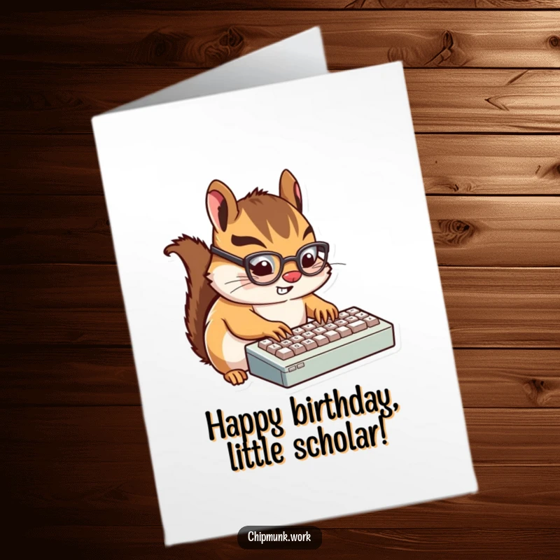 Funny Free Printable Chipmunk Birthday Card, wearing glasses, typing fast on tiny keyboard, nerdy humor.