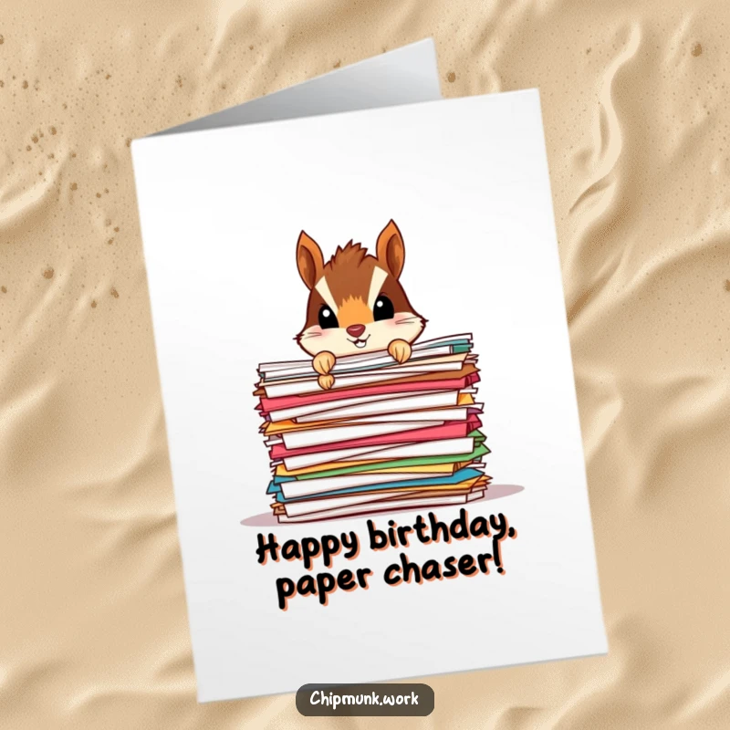 Funny Free Printable Chipmunk Birthday Card, peeking from a tall stack of colorful papers, playful surprise.