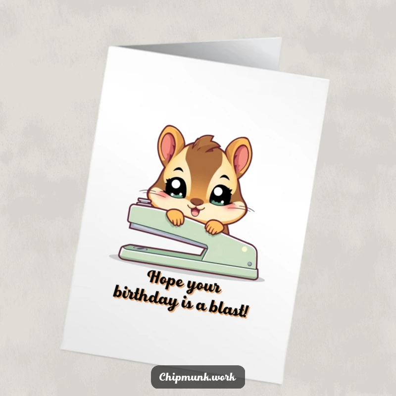 Funny Free Printable Birthday Card: Adorable kawaii chipmunk peeks with wide eyes from behind a comically large stapler, bringing smiles