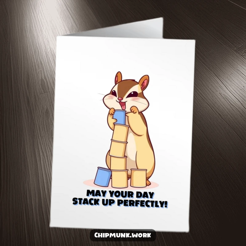 Funny Free Printable Birthday Card: Chipmunk humorously stacks tiny paper cups into a precarious tower, perfect for a laugh