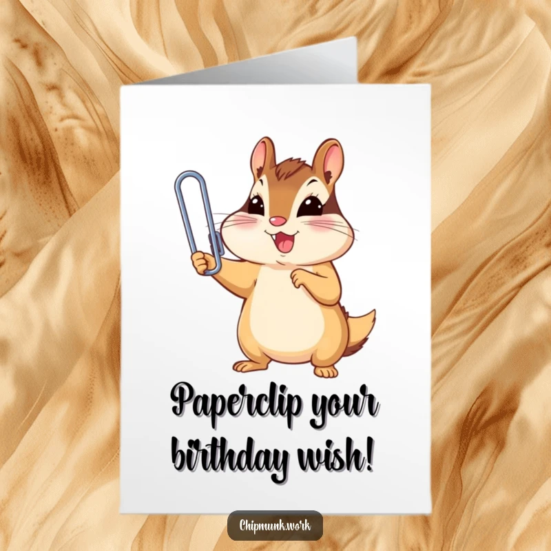Funny Free Printable Birthday Card: Chipmunk triumphantly holds a tiny, oversized paperclip, celebrating a major win.