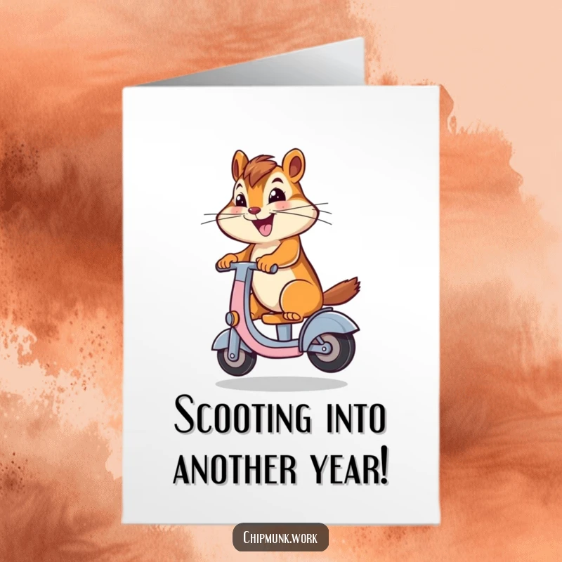 Funny Free Printable Chipmunk Card: A chipmunk joyfully rides a desk chair like a scooter, ready for birthday adventure.