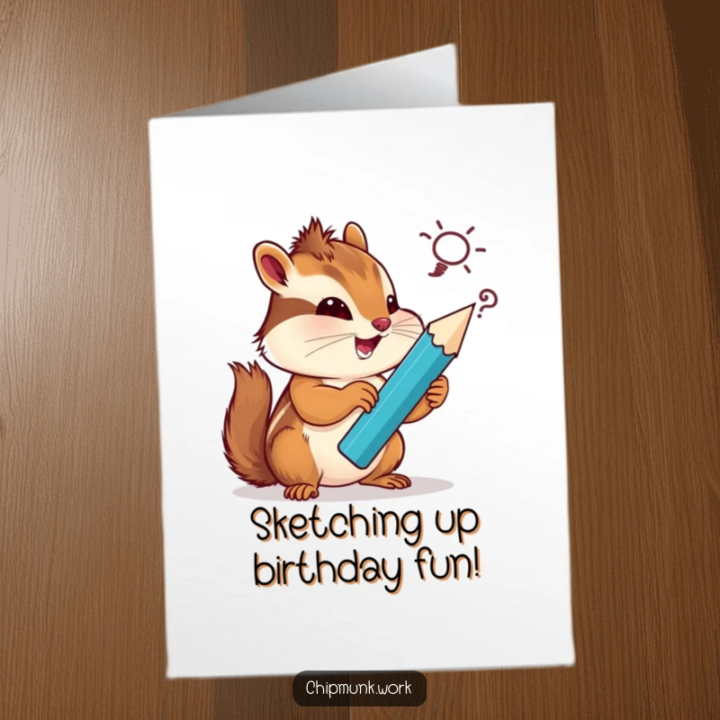 Funny Free Printable Birthday Card: Chipmunk humorously sketching a silly idea with a giant pencil, bright and cheerful.