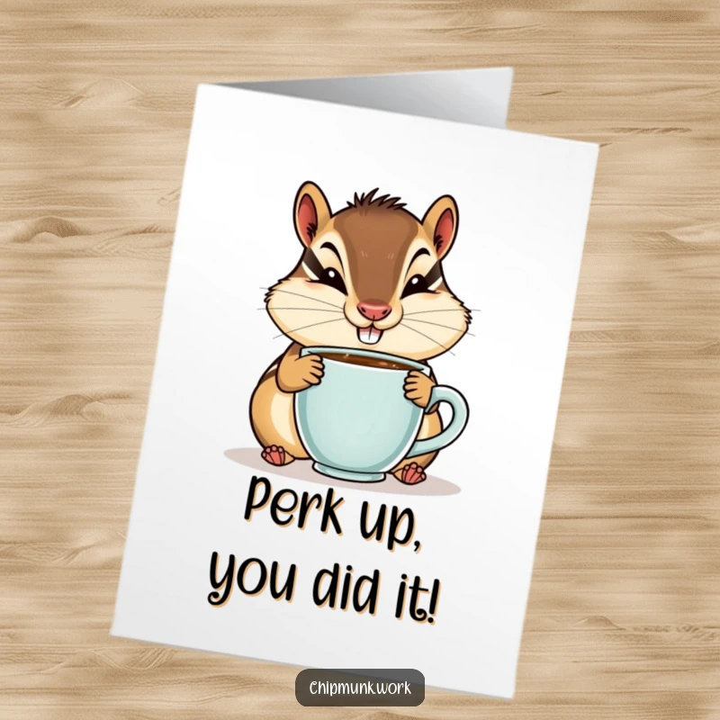 Funny Free Printable Congratulations Card: A chipmunk beams with a goofy smile, holding a tiny coffee cup to celebrate your success!