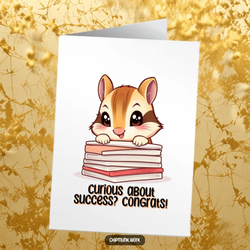 Funny Free Printable Congratulations Card: A chipmunk curiously peers over a large stack of papers, a humorous take on celebrating success.