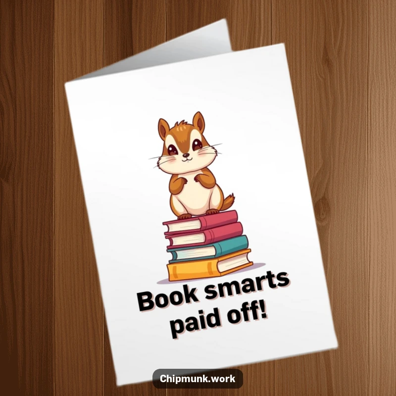 Funny Free Printable Congratulations Card: A chipmunk beams proudly from atop a stack of miniature books, celebrating achievement.