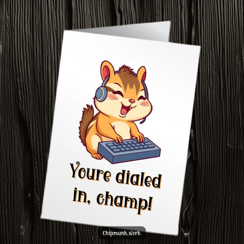 Funny Free Printable Congrats Card: Chipmunk in a headset excitedly typing, celebrating a digital or business success.