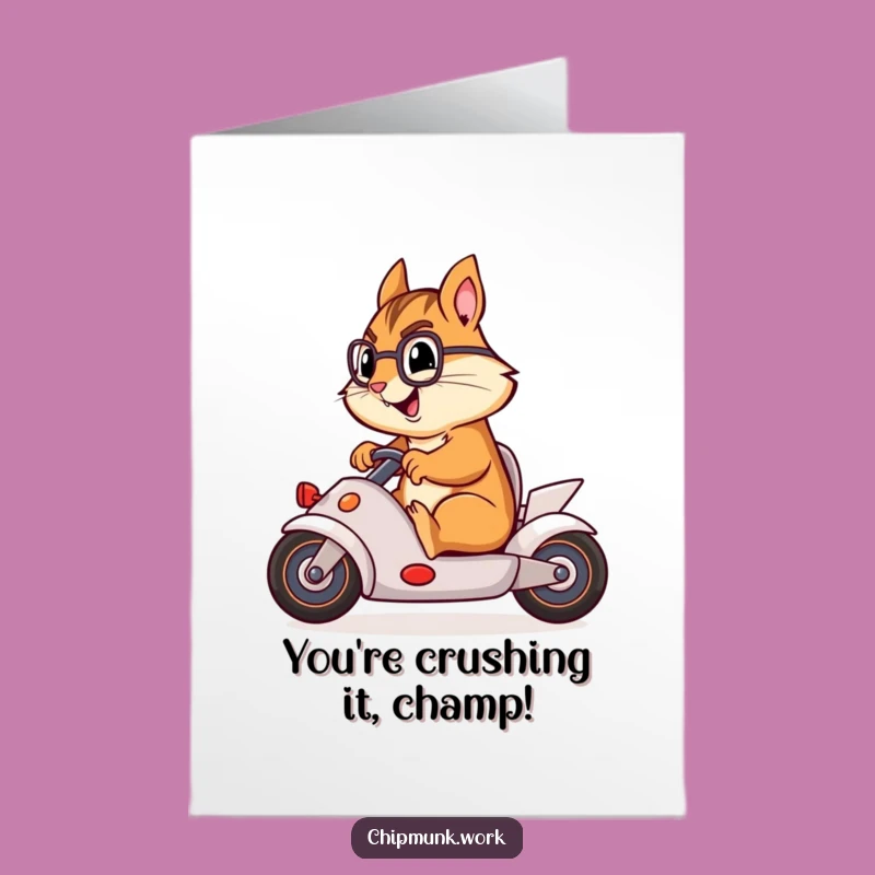 Free Printable Congrats Card: Chipmunk Race Car Chair, Humorous Achievement Downloadable Gift
