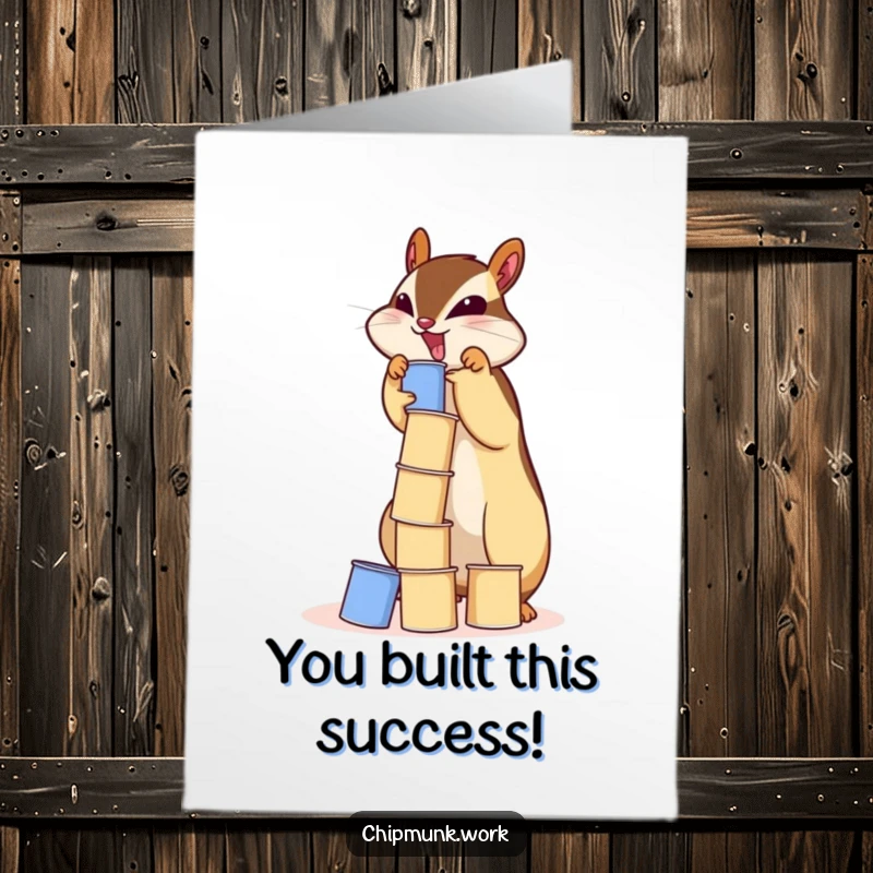 Funny Free Printable Congratulations Card: Chipmunk celebrates success by triumphantly completing a wobbly tower of tiny paper cups