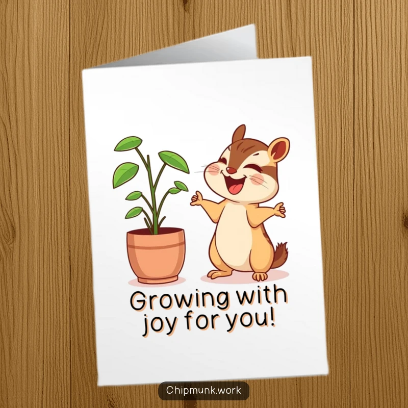 Funny Free Printable Congratulations Card: Chipmunk laughing with a desk plant, outstretched arms in shared amusement.