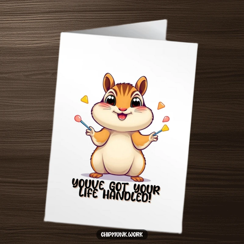 Funny Free Printable Congrats Card: A chipmunk juggles staplers with excitement, celebrating a major accomplishment. A downloadable gift.
